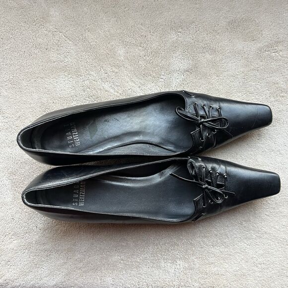 Stuart Weitzman Black Leather Front Lace Up Kitten Heel Pump Women 7 N Narrow - Picture 6 of 15